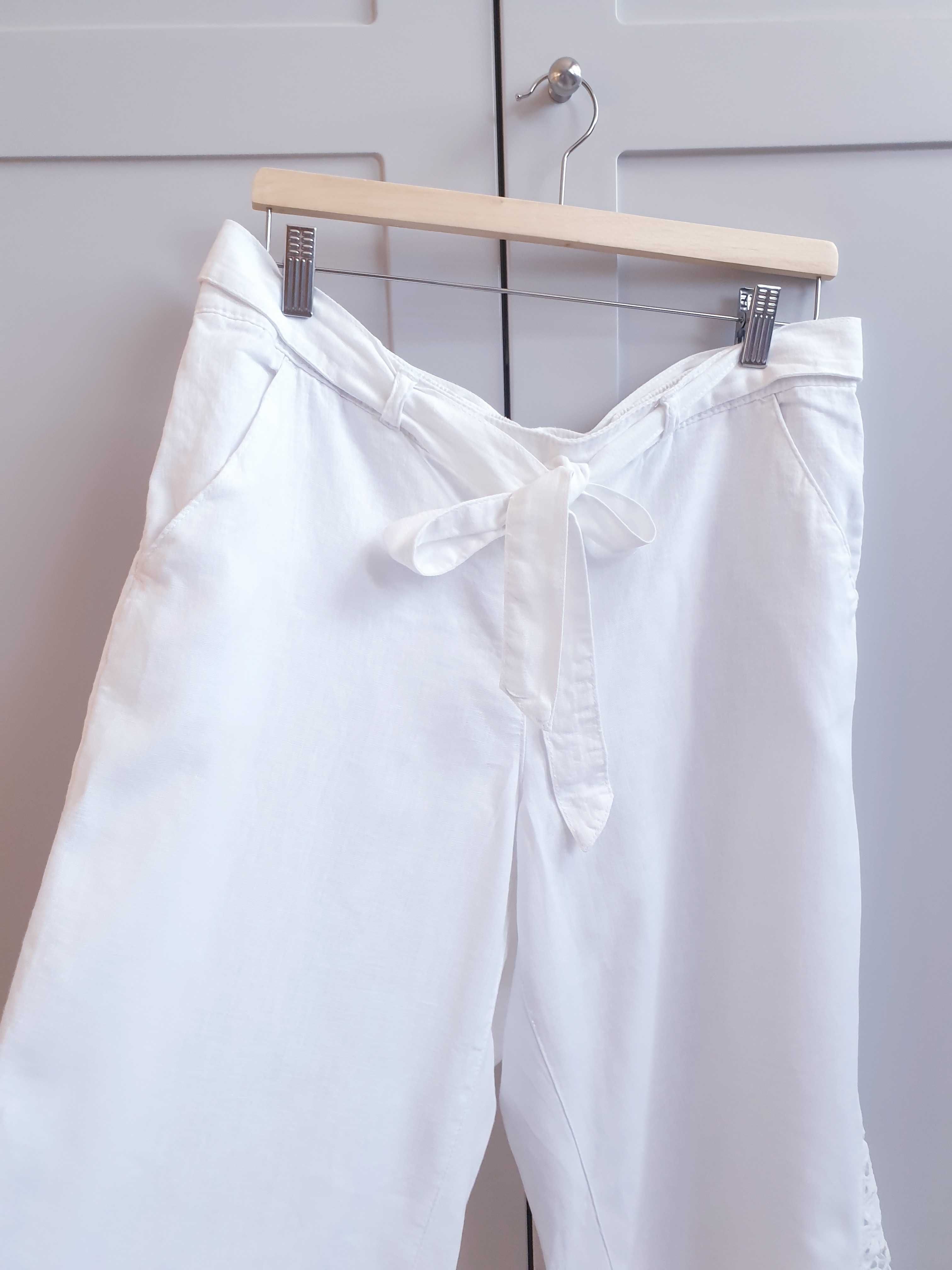 Białe lniane spodnie kuloty culotte szerokie len 44