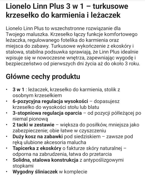 Krzesełko Linonelo Linn Plus Turkusowe