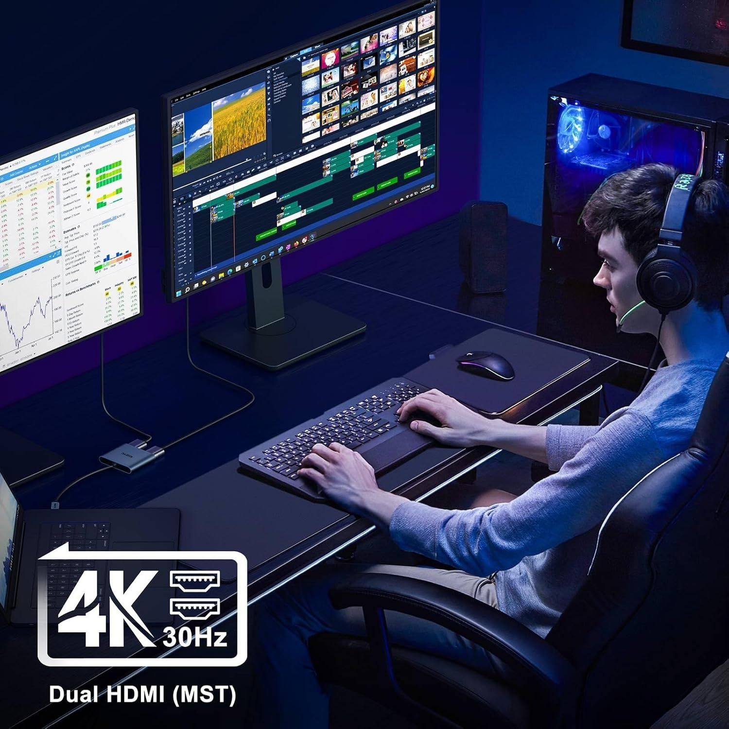 Адаптер USB C на два HDMI 4Kа60hz, розгалужувач типу C на HDMI для ро