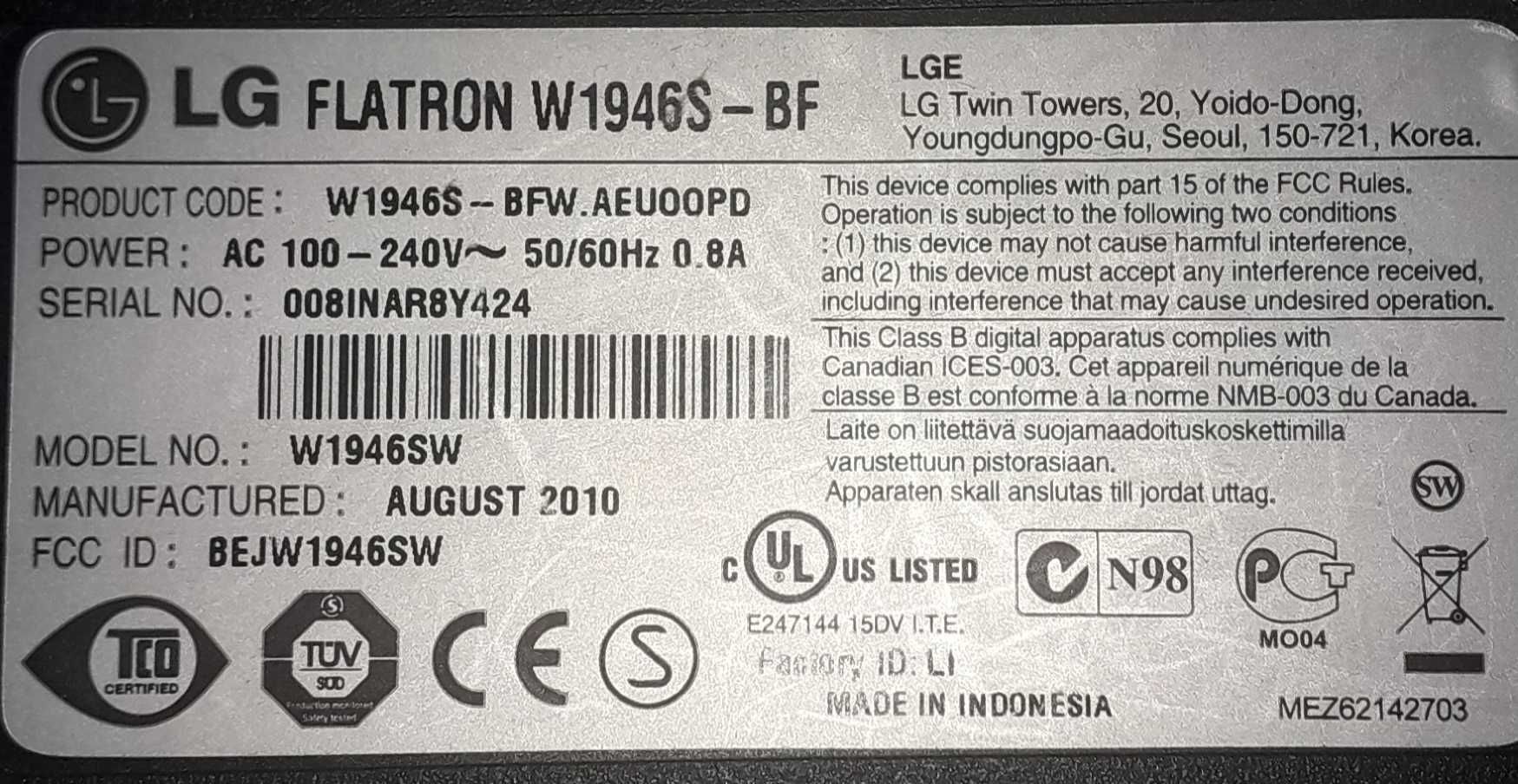 LG Flatron W1964 monitor ekran