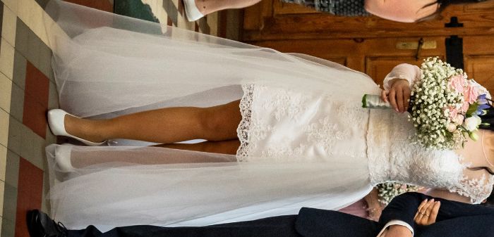 Suknia ŚLUBNA ,sukienka krótka + spódnica tiul koronka biała roz. 38