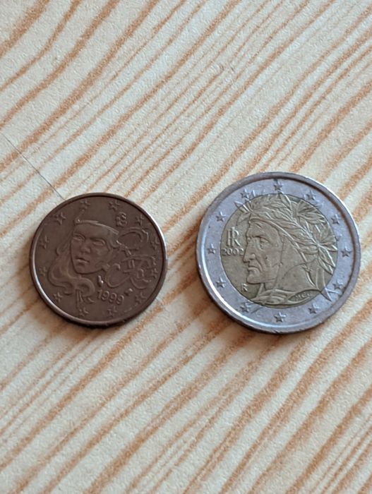 Moedas 2 euro Itália 2002 Dante alighieri + moeda 5 cent frança
