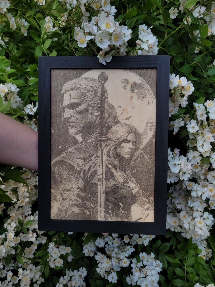 Wiedźmin, The Witcher 3, Geralt, Ciri, Obraz wypalany w drewnie A4