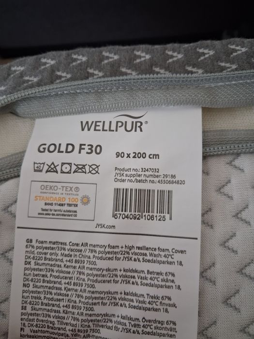 Ліжко Kongsberg. Матрас wellpur gold f30 90x200 см