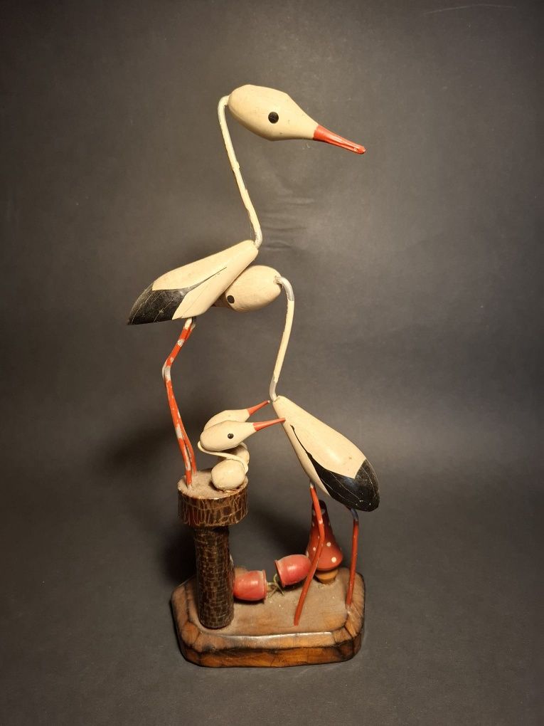 Figurka bociany drewno metal cepelia prl