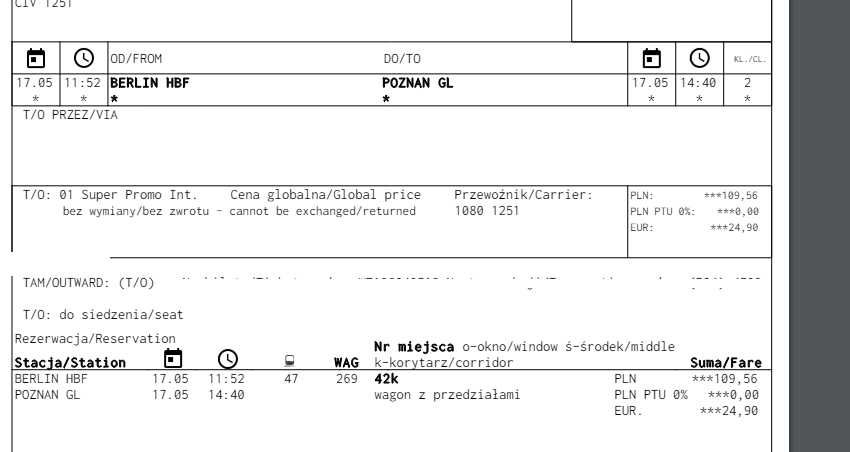 Bilet Berlin Hbf - Poznań Gł 17.05.2024