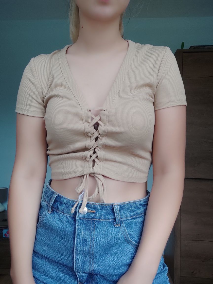 Beżowy Crop top bluzka z krótkim rękawem S 36 Basic prążkowana FB Sist