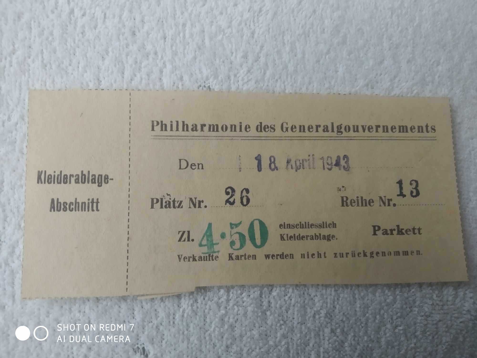 bilet i program koncertu 19 kwietnia 1944. Filharmonia Gen. Gub.