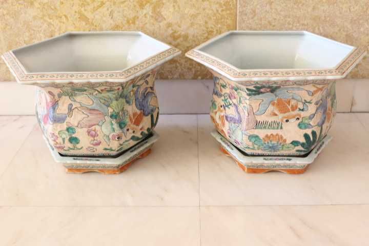 Par Cachepot Vasos em porcelana Chinesa Jiaqing XIX 43 cm x 27 cm A