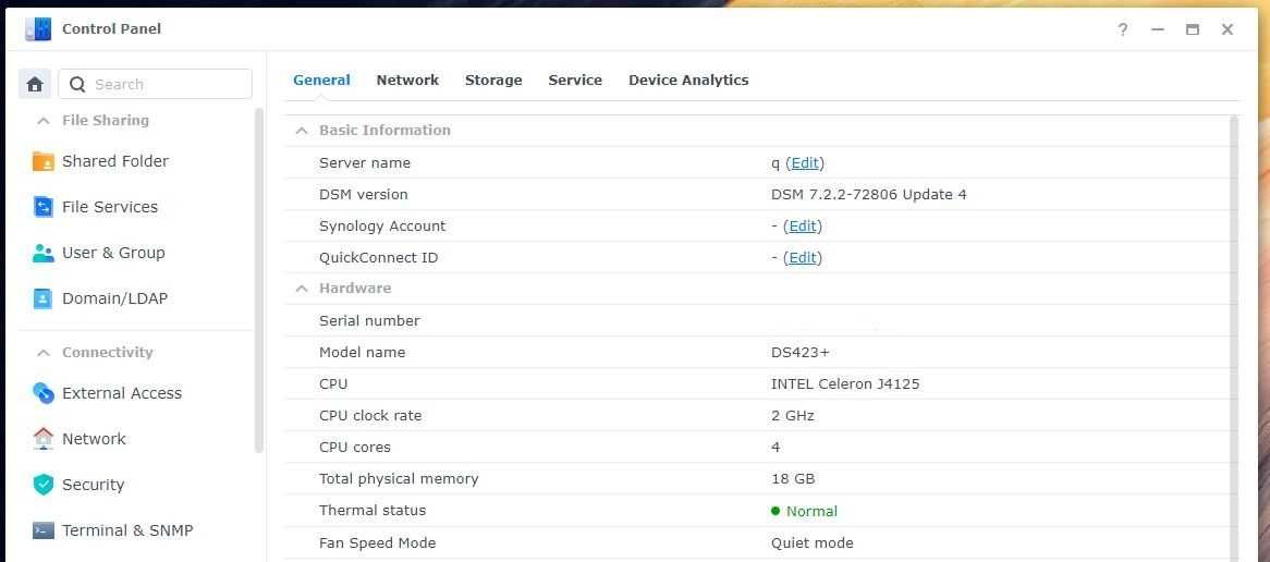 Synology DS423+ 18GB RAM (Quad Core Intel CPU, Docker) DSM 7.2.2
