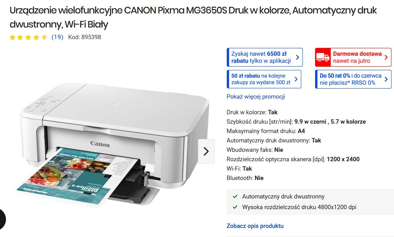 Drukarka Canon Nowa w pudełku Pixma MG3650S Druk w kolorze, wifi