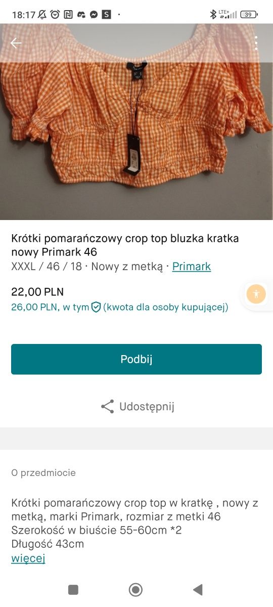 Krótki pomarańczowy crop top bluzka kratka Primark 46 nowa