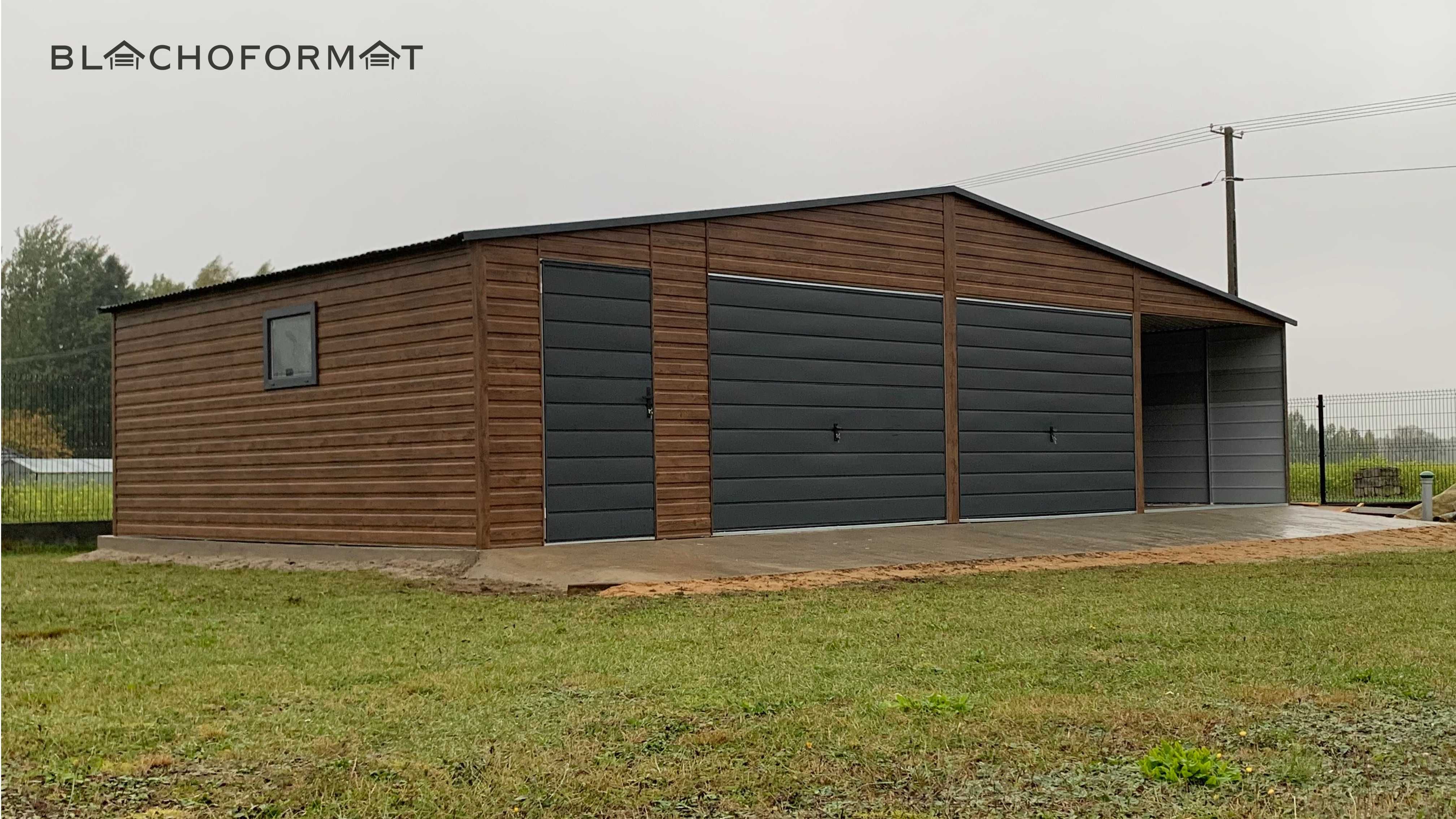 Garaż blaszany 6x5 z wiatą 3x5 i pomieszczeniem 2x5 Premium
