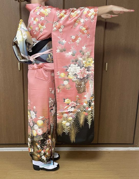 Japońskie kimono furisode + pas obi + sznur obijime + obiage
