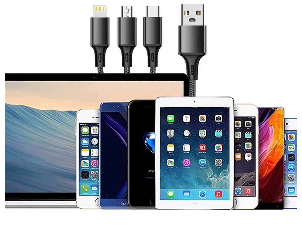 Kabel USB 3w1 do telefonu lightning micro usb typ c 1,2m srebrny