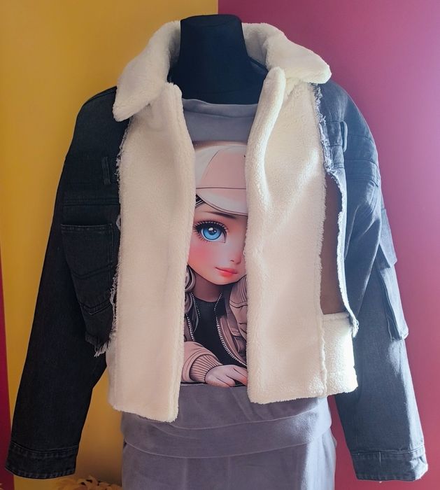 Śliczna jeansowa  kurtka baranek kieszonki