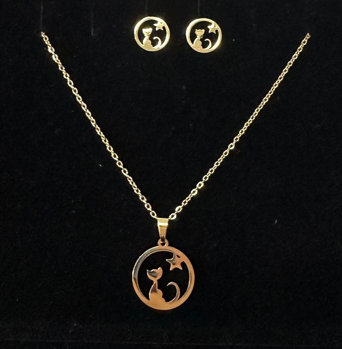 Colar + Brincos Gato em Aço Inoxidável