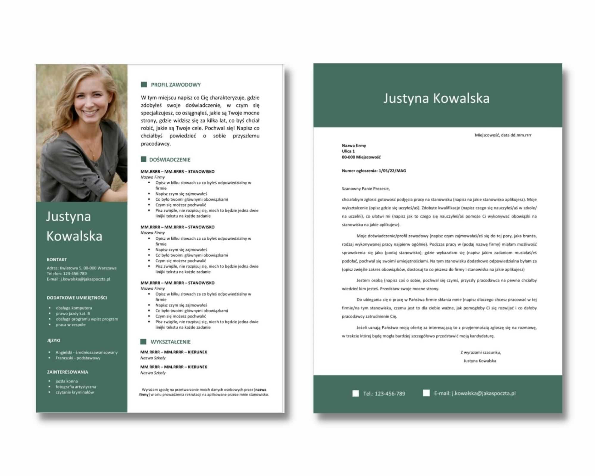 Komplet Szablon CV + List Motywacyjny 1/22/K - wzór butelkowa zieleń