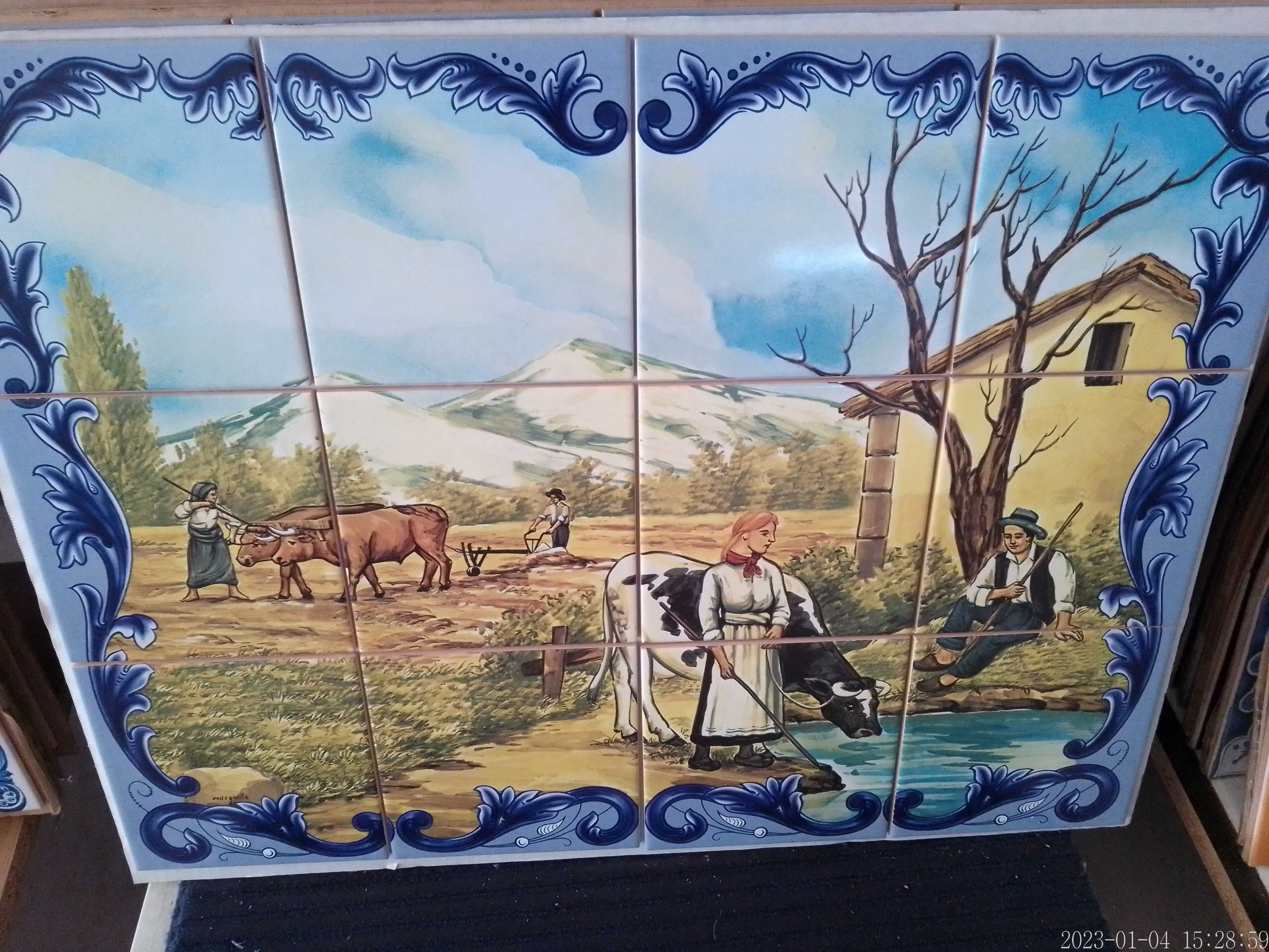 Painel de Azulejos NOVO Bois a Lavrar Camponeses na Lavoura 60x45 CM