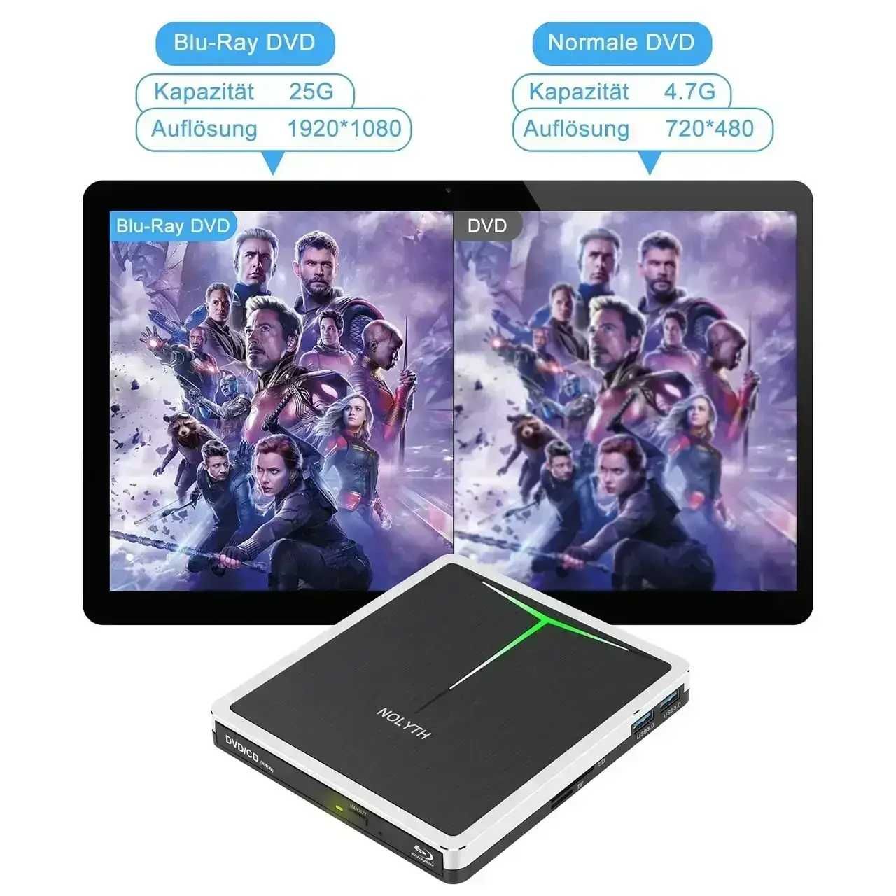 NOLYTH Зовнішній CD DVD-плеєр Blu Ray USB 3.0 USB-C*