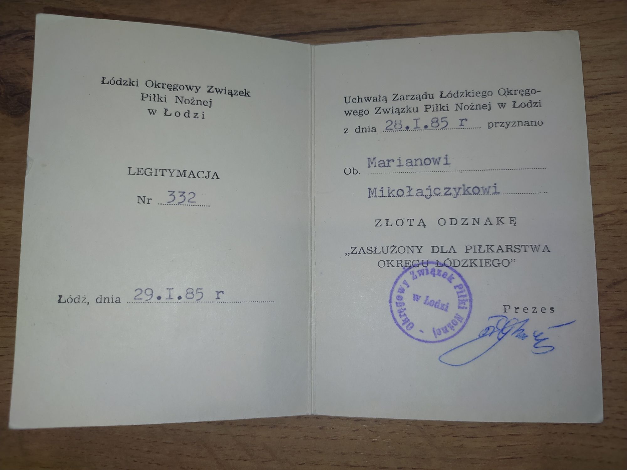 PZPN Łódź. Zestaw legitymacji, medal. Marian Mikołajczyk. 1984.Piłka