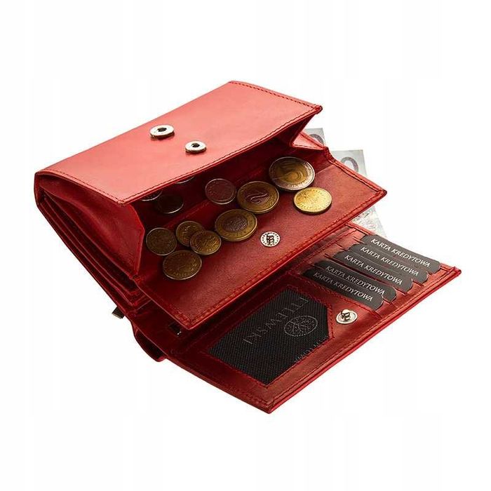 BETLEWSKI Portfel Damski Czerwony Skóra Naturalna Na Karty Dokumenty