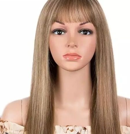 Peruka naturalna 100 % ludzkie włosy brąz z blondem balejaż z grzywką