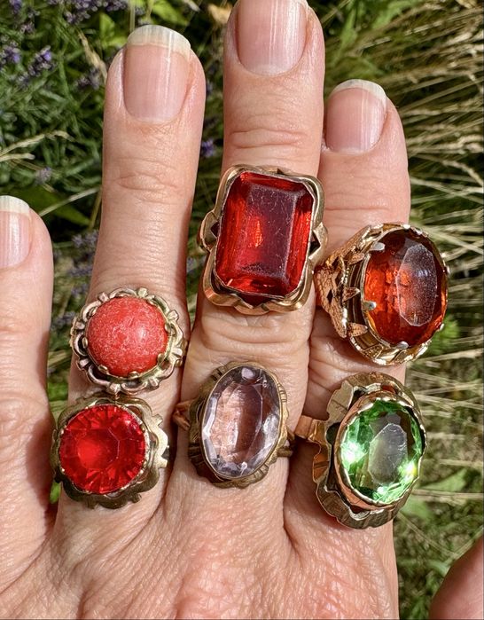 Stare pierścionki z bursztynem nie Srebro z PRL vintage unikat bizu