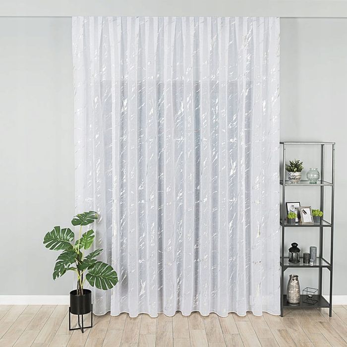 Firana gotowa marmur firanka z etaminy 275x300cm biała srebrny nadruk