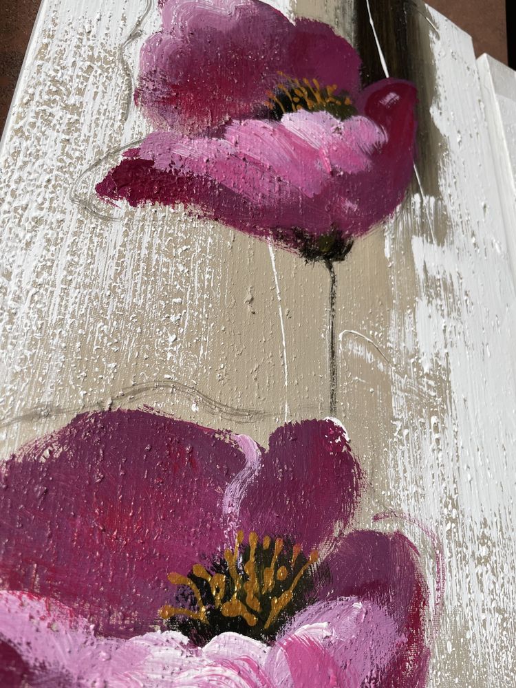3 obrazy ręcznie malowane na płótnie kwiaty odcienie beżu