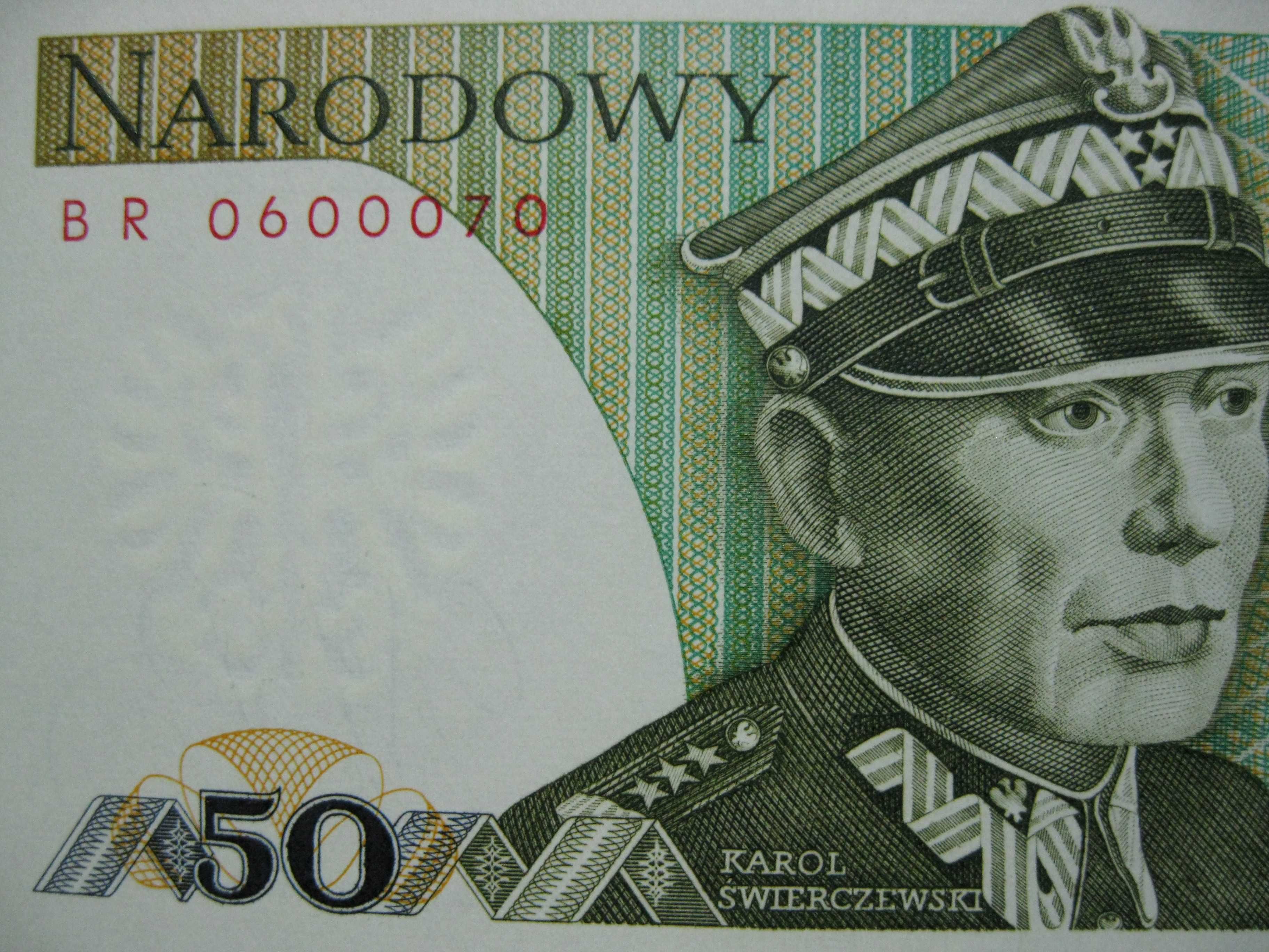 Banknot PRL 50 złotych 1975 r. ser BR Świerczewski UNC ciekawy numer