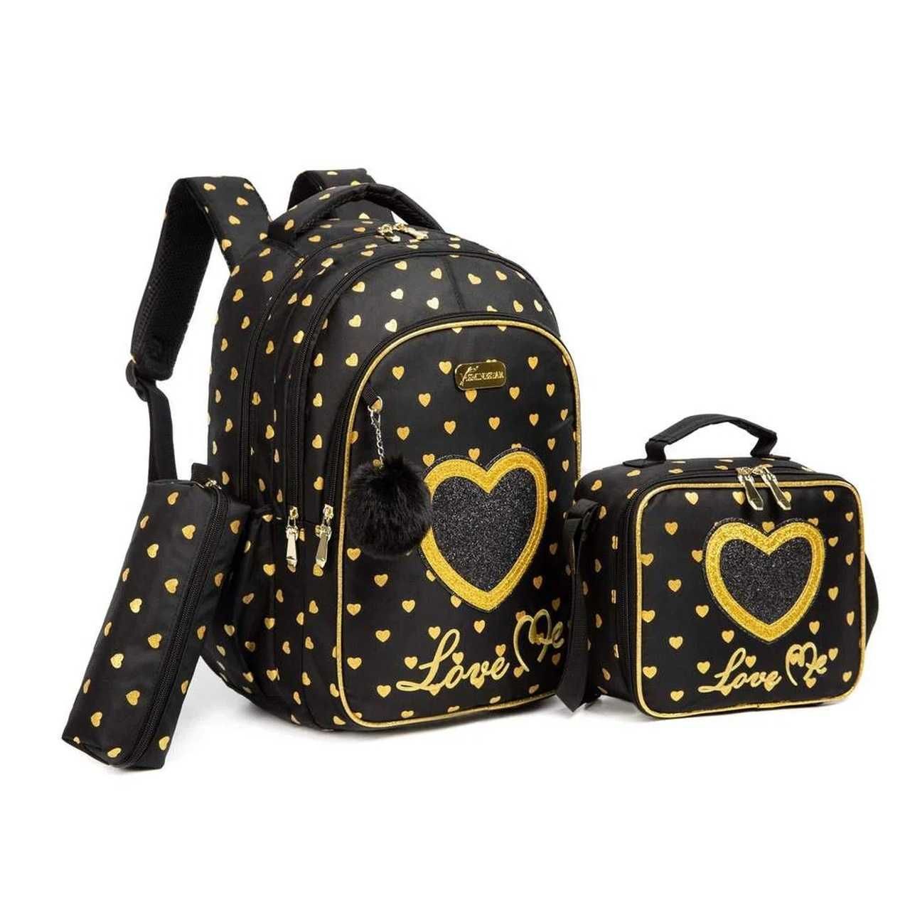 Pack Escolar coração preta/dourada 3 peças