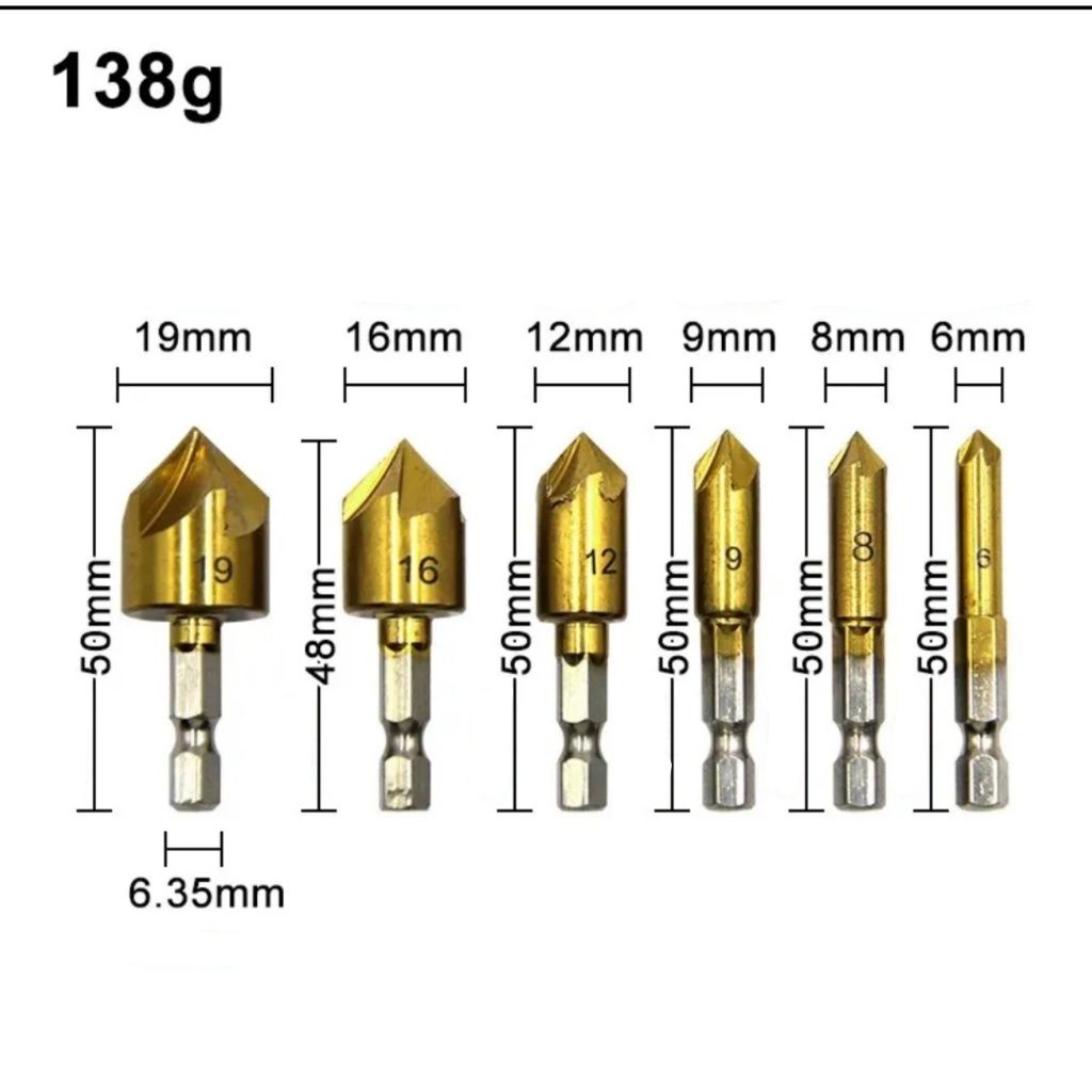 Wiertło Frezy stożkowe pogłębiacze, fazownik 6 szt. do drewna