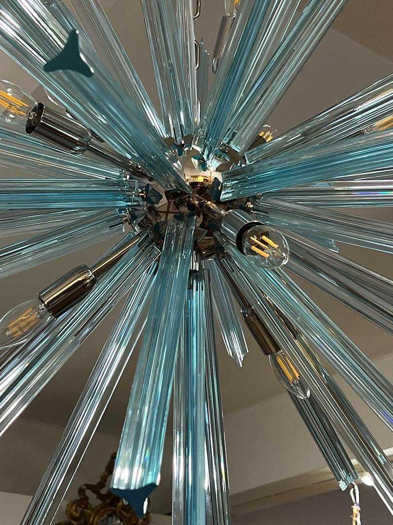 Lustre Sputnik 9 Lumes Vidro Azul e Metal Cromado - Itália Séc. XXI