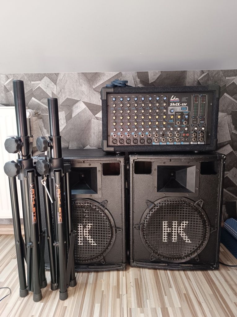 Zestaw Wzmacniacz LDM Electronic SMX-11r dwie kolumny HK plus stojaki