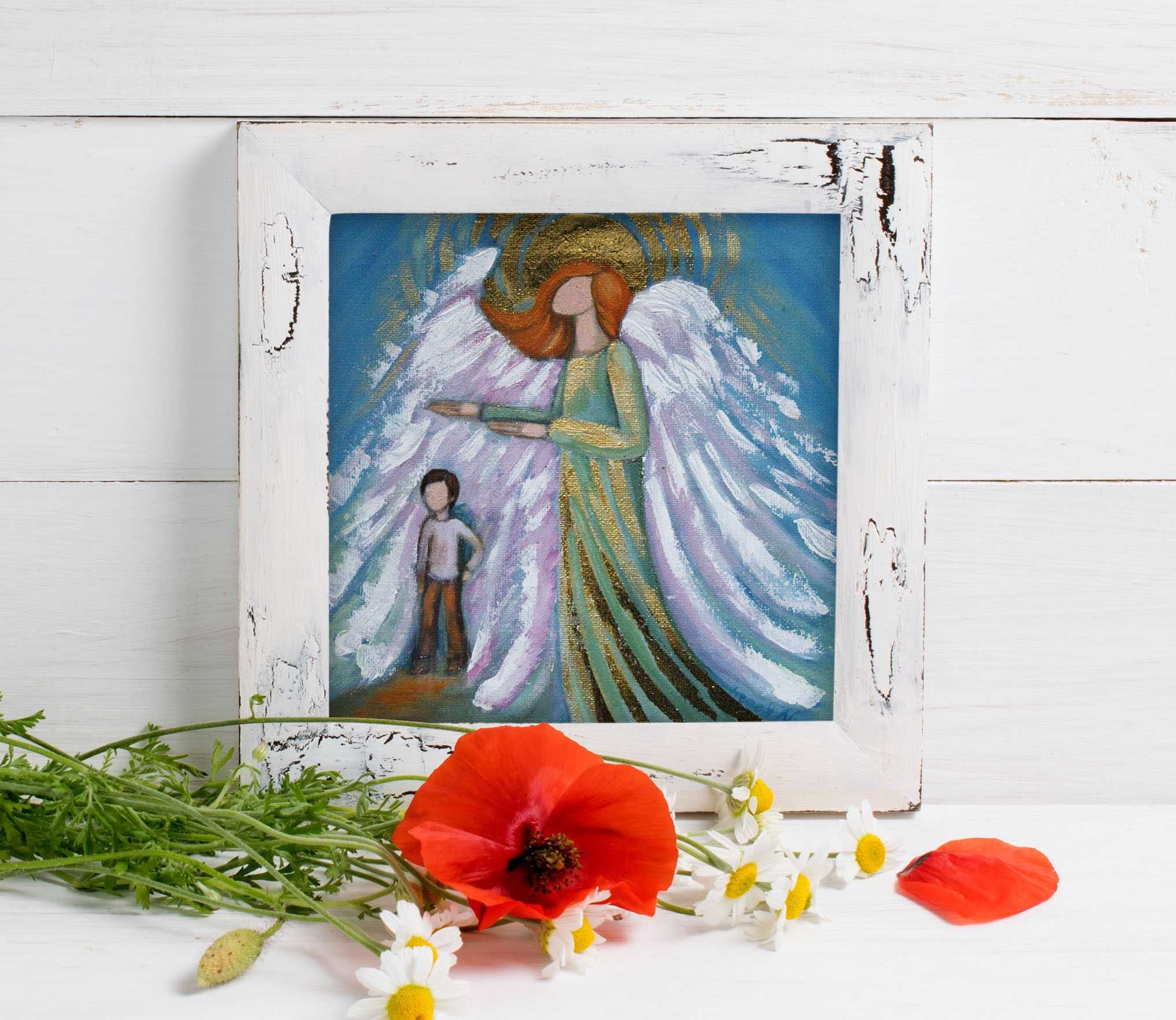 Olejny obraz Anioł Stróż ręcznie malowany, złocony szlagmetalem.