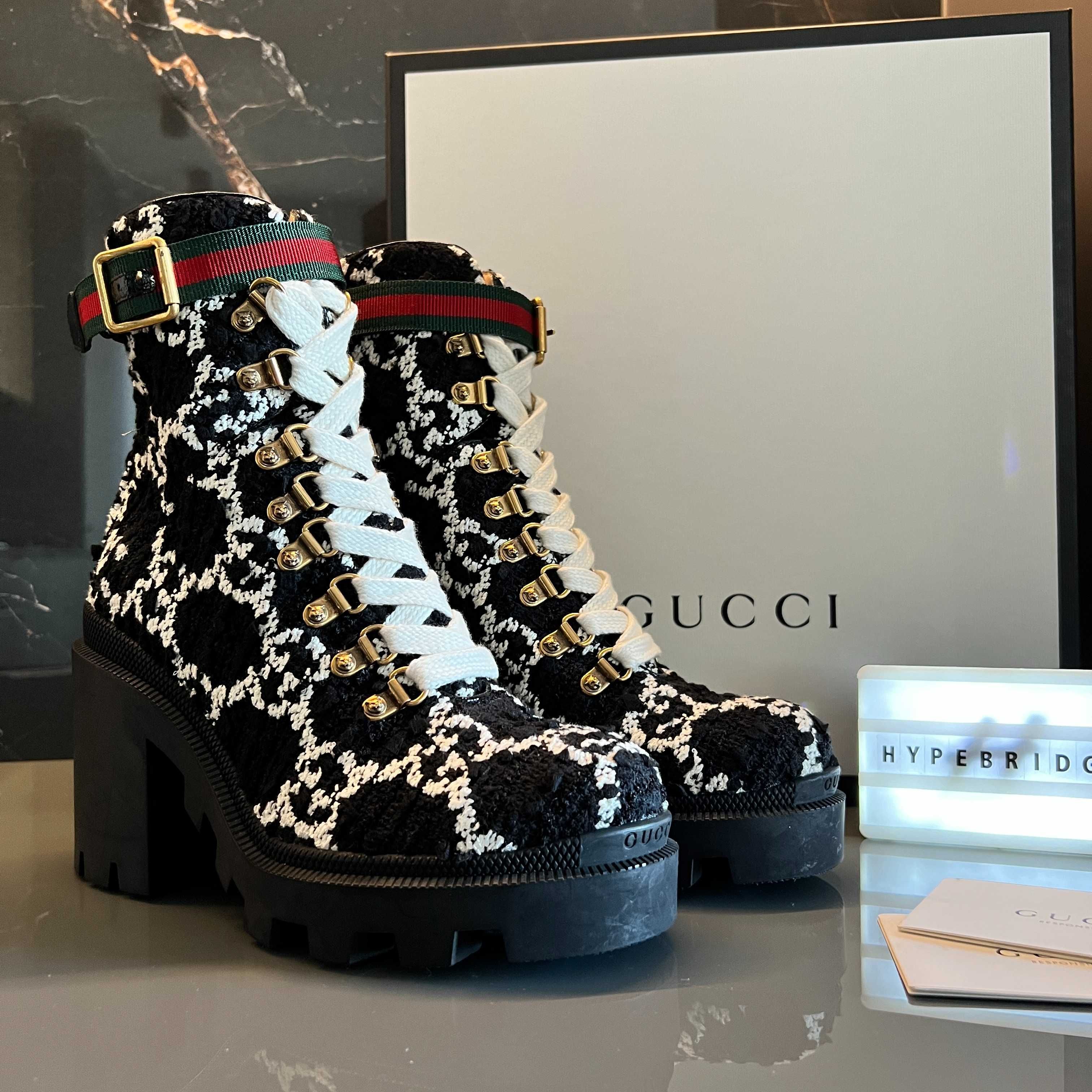 Gucci Tweed GG ankle boots buty wysokie w monogram