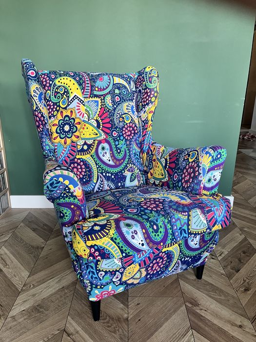 Fotel uszak ikea strandmon z 3 pokrowcami i podnóżkiem, żółty