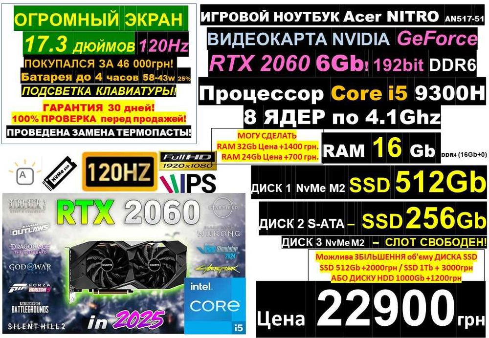 є90 Ноутбуків‼️Traid-In‼️17.3/120Hz‼️ACER RTX2060‼️i5/SSD 768/RAM16-32