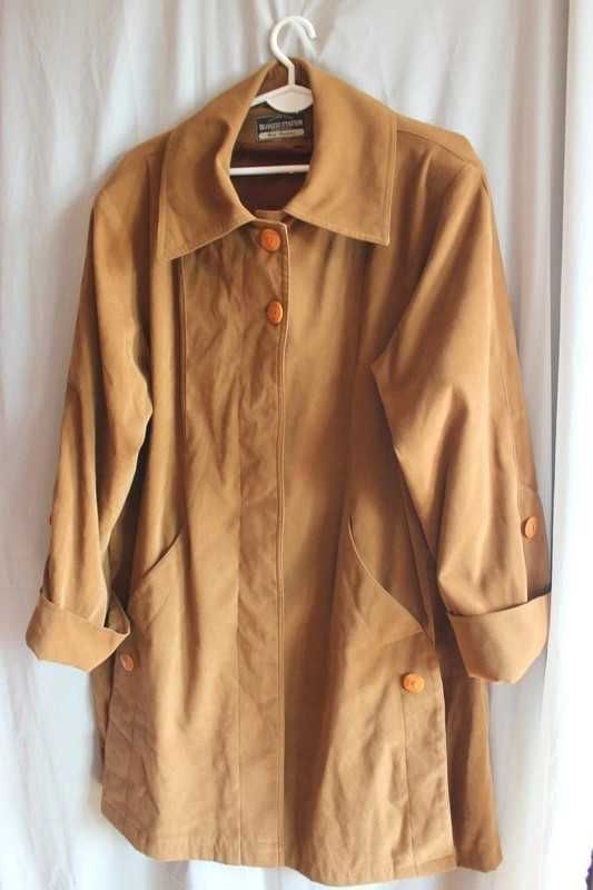 Brązowy, beżowy płaszcz kurtka narzutka vintage retro plus size