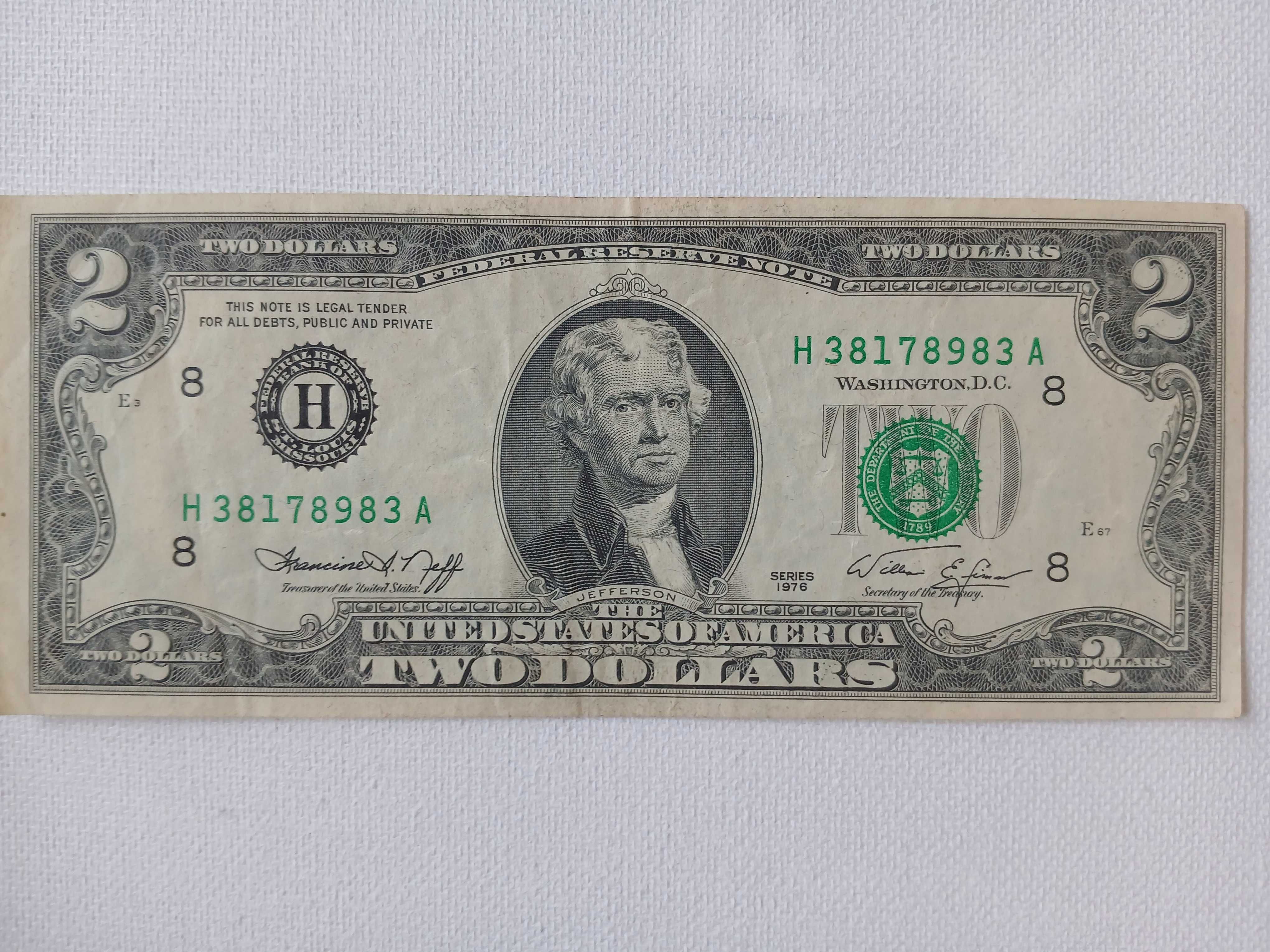 Купюра два доллара, 2 доллара, 2 dollars,  1976 год