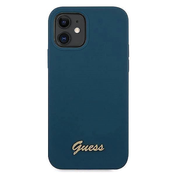 Etui Guess Metal Logo Script na iPhone 12 mini - niebieskie