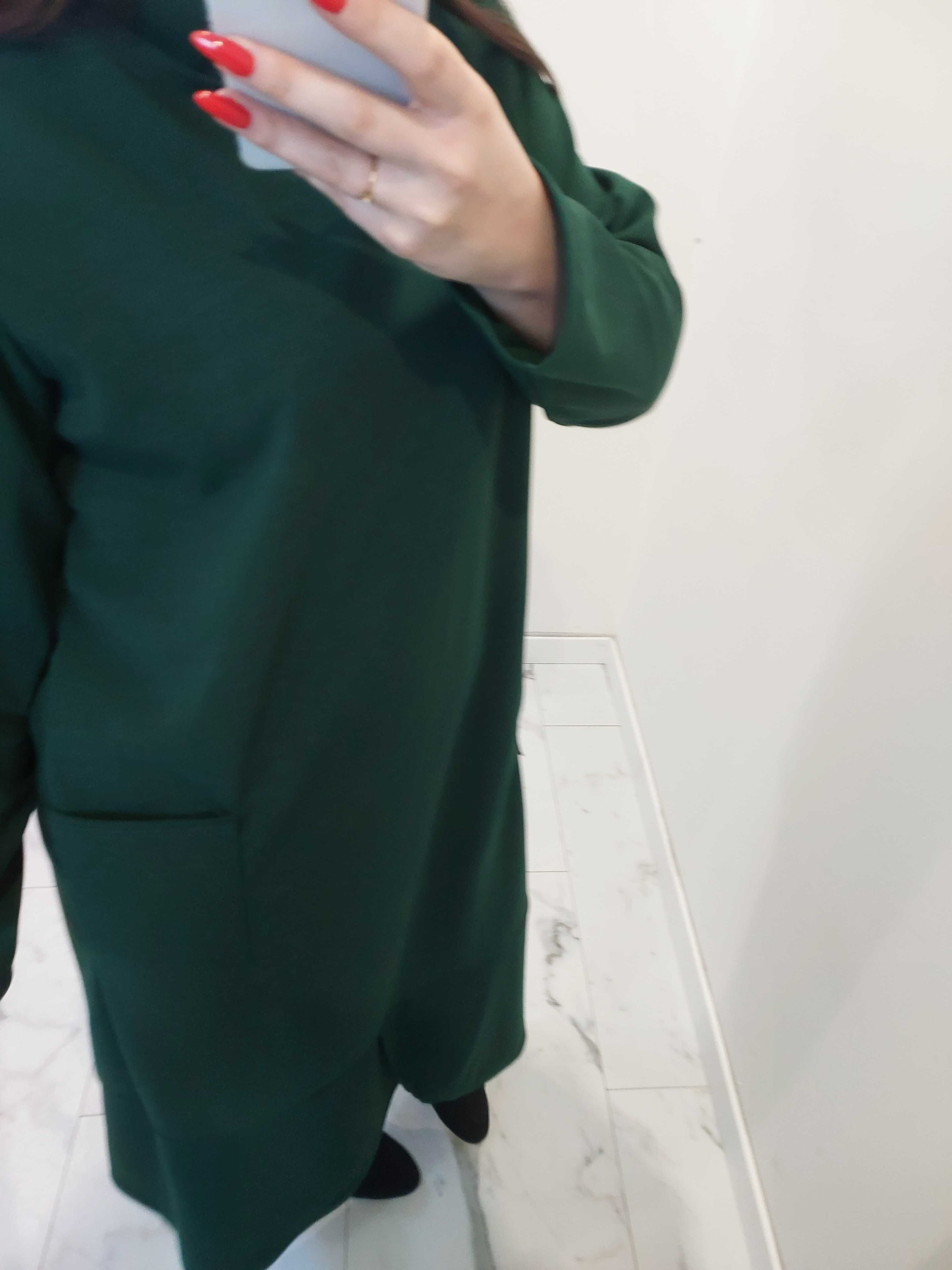 długa zielona sukienka kołnierzyk maxi kieszenie L uniwersalny