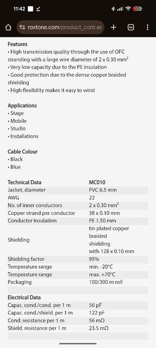 Мікрофонний кабель по метру Roxtone MC010
