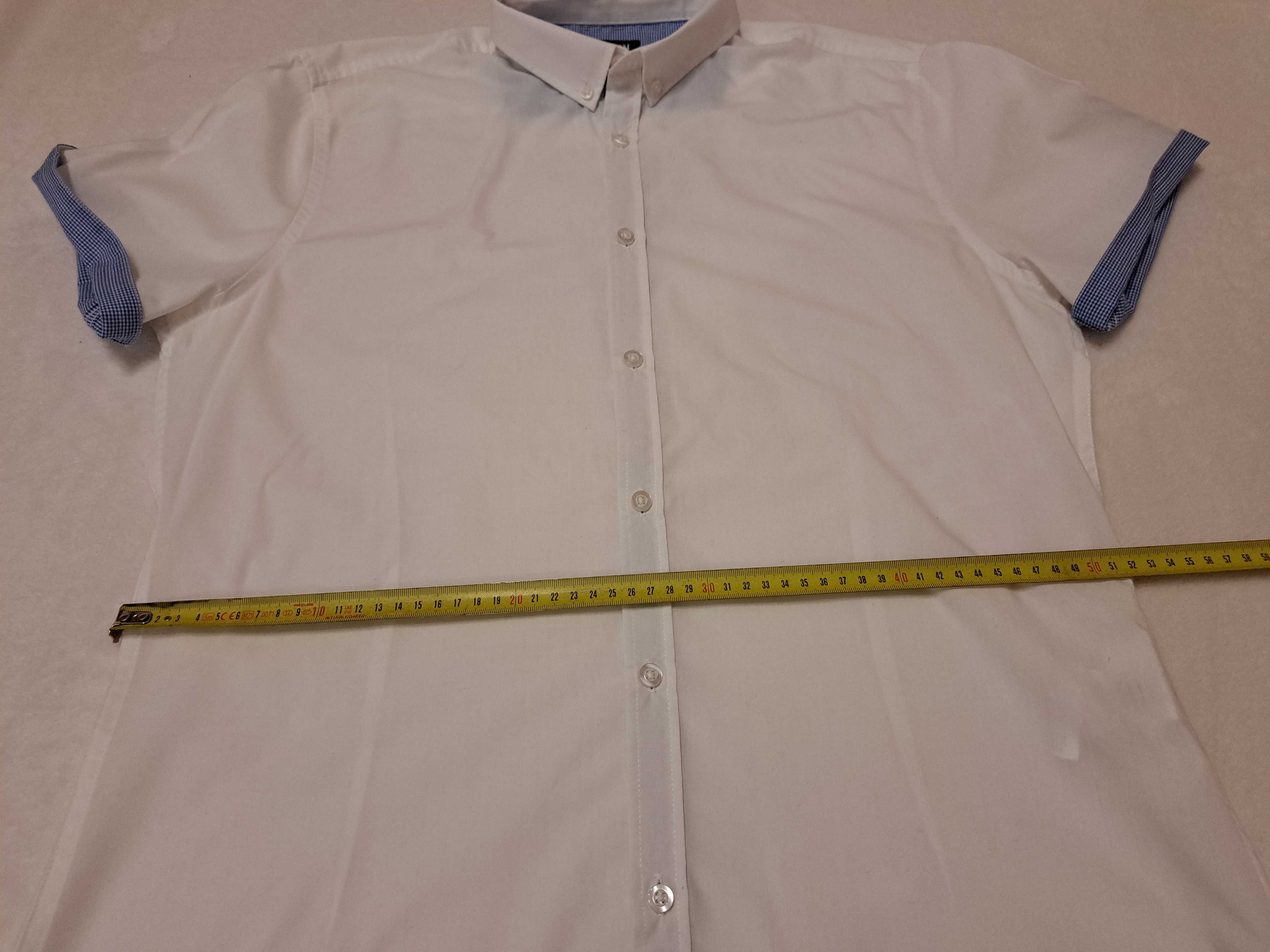 Koszula biała z niebieskimi wstawkami krótki rękaw, roz.  L Slim fit