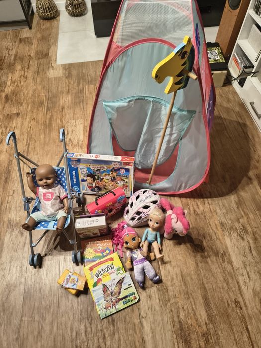 Zestaw zabawek,kask rowerowy Alpina 4-6 lat,Zgadnij kto to,Koń na kiju