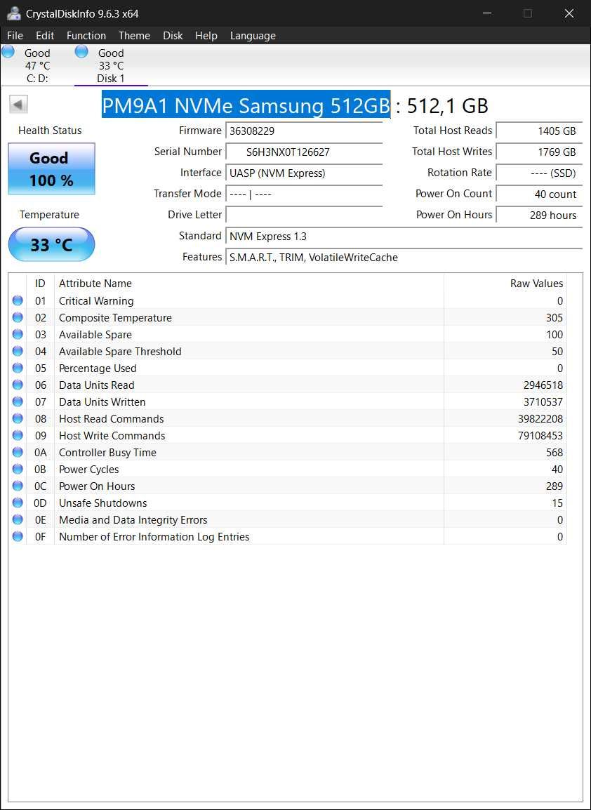 SSD 512Gb M.2 2280 NVMe PCIe 4.0 x4 Samsung PM9A1 MZ-VL2512A