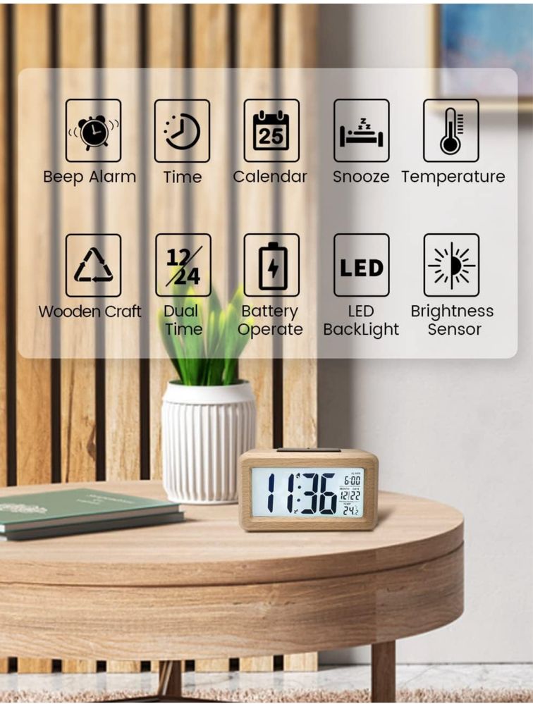 aboveClock Cyfrowy Budzik, Drewniany Zegar