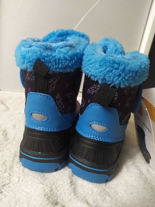 Śniegowce chłopięce buty zimowe 28 kozaki niebieskie rakieta kosmos