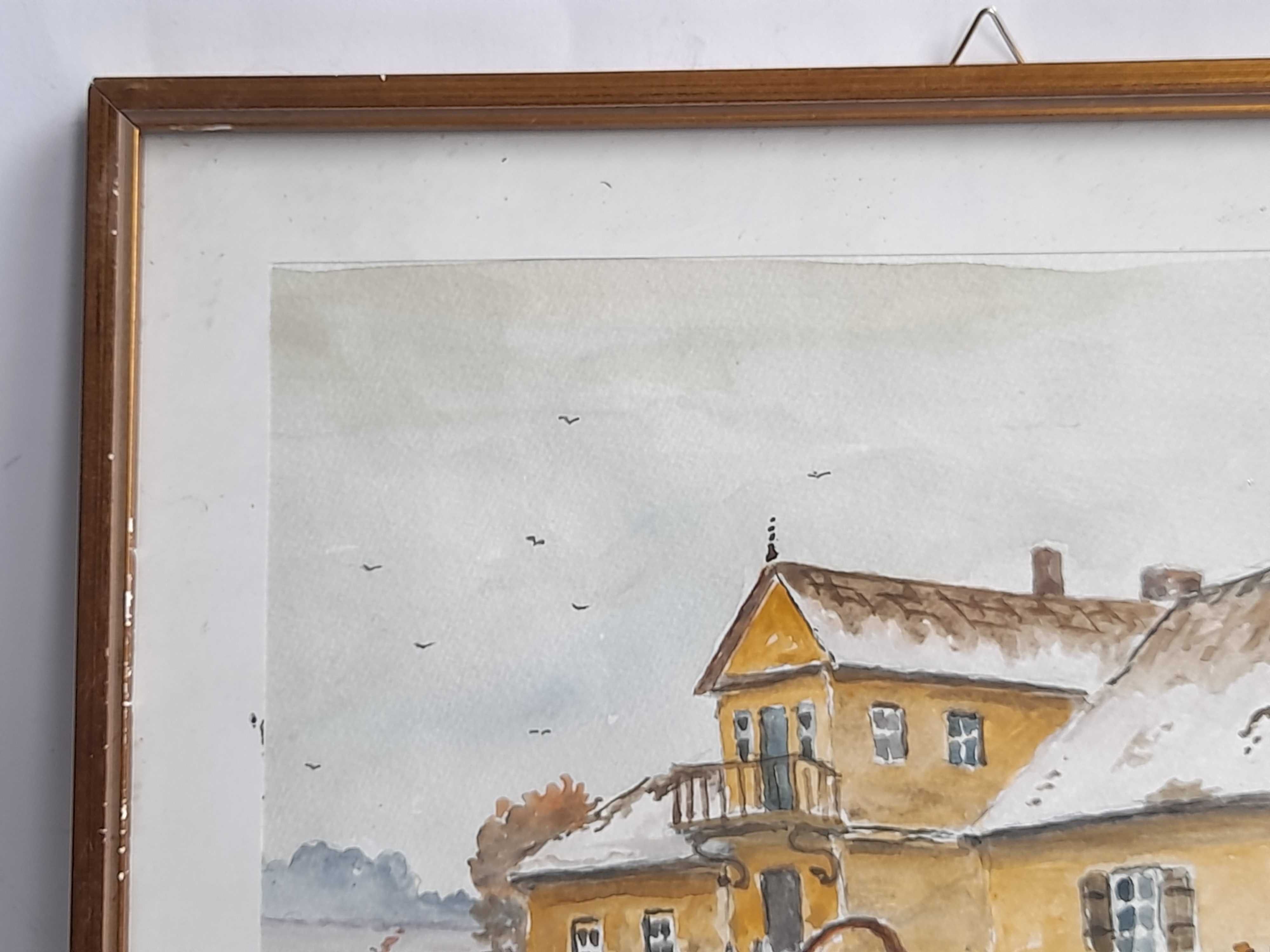Obraz akwarela Widok dworku z saniami zimą (sygnowany)